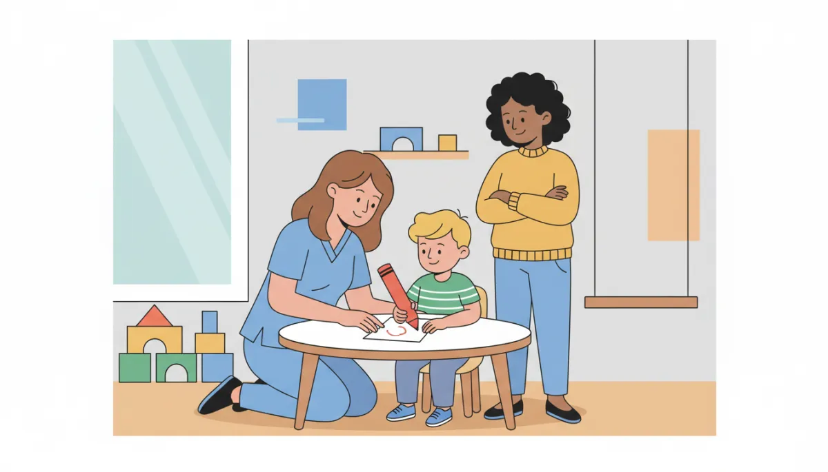 Occupational therapist observing a child’s handwriting while collaborating with a parent