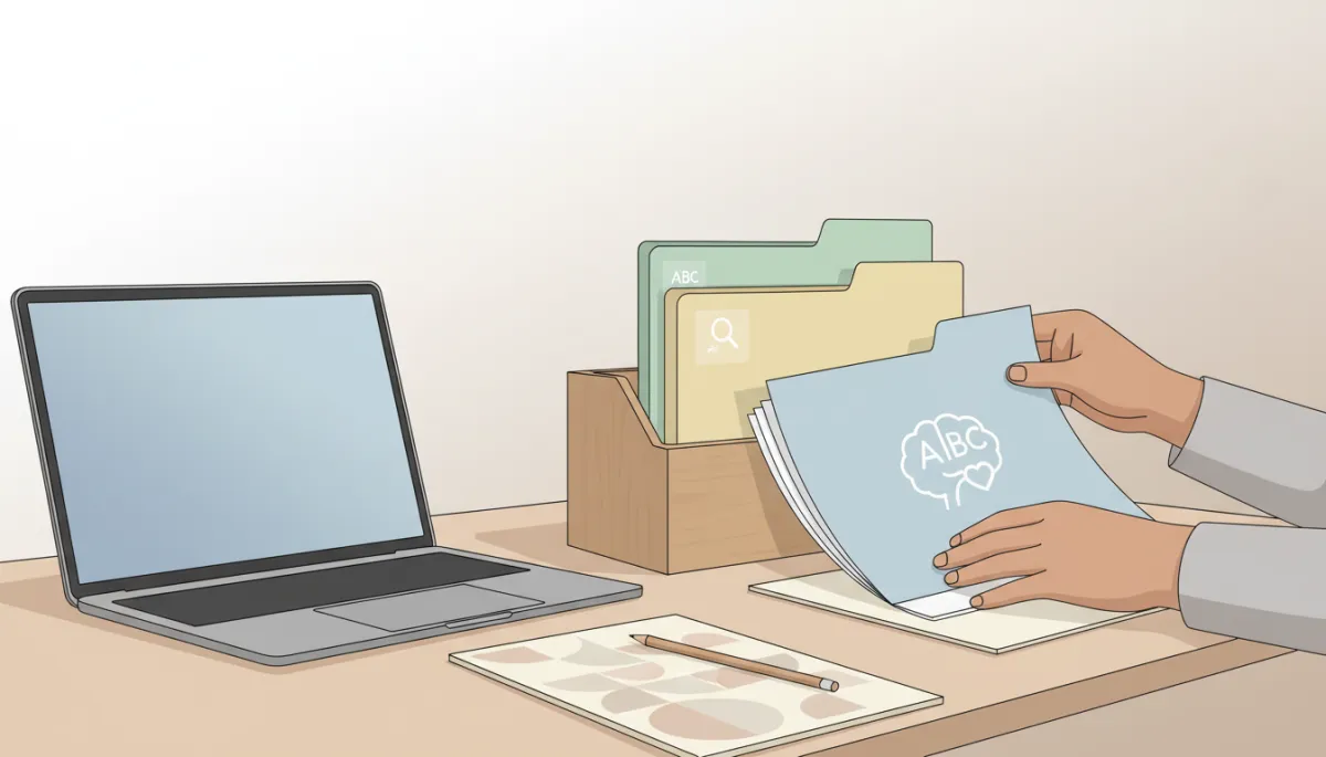 Parent organizing OT and special education documents in a professional workspace