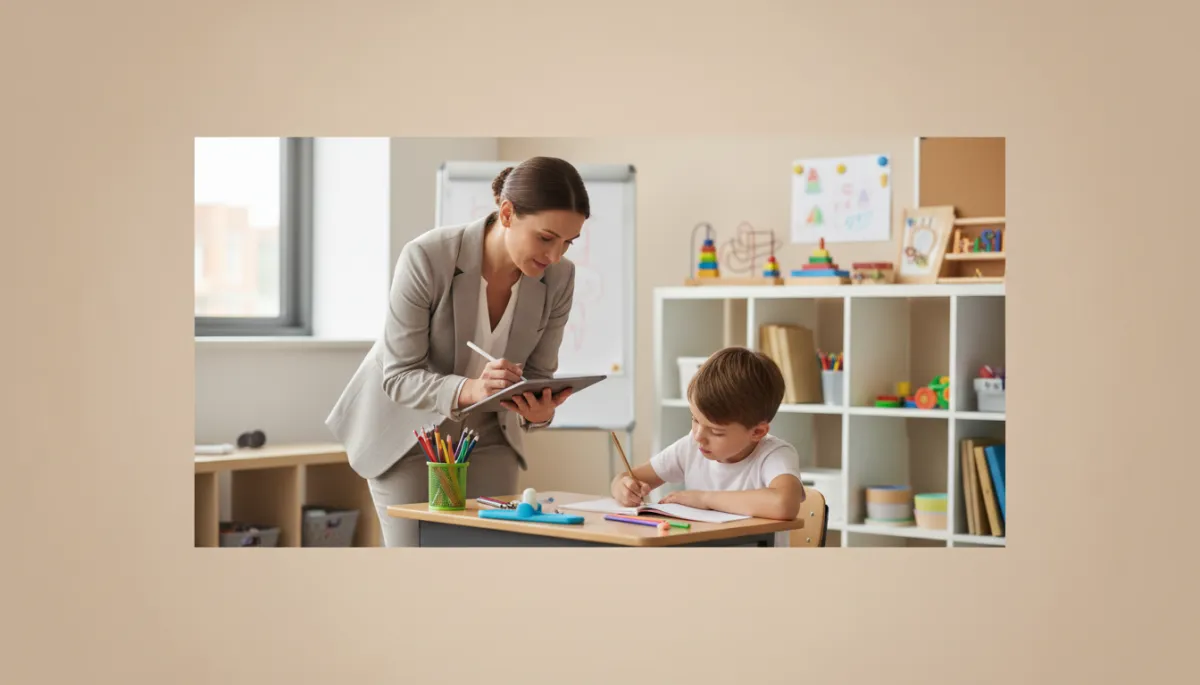 Occupational therapist observing a child’s school-related fine motor skills in the classroom Occupational therapist observing a child’s school-related fine motor skills in the classroom