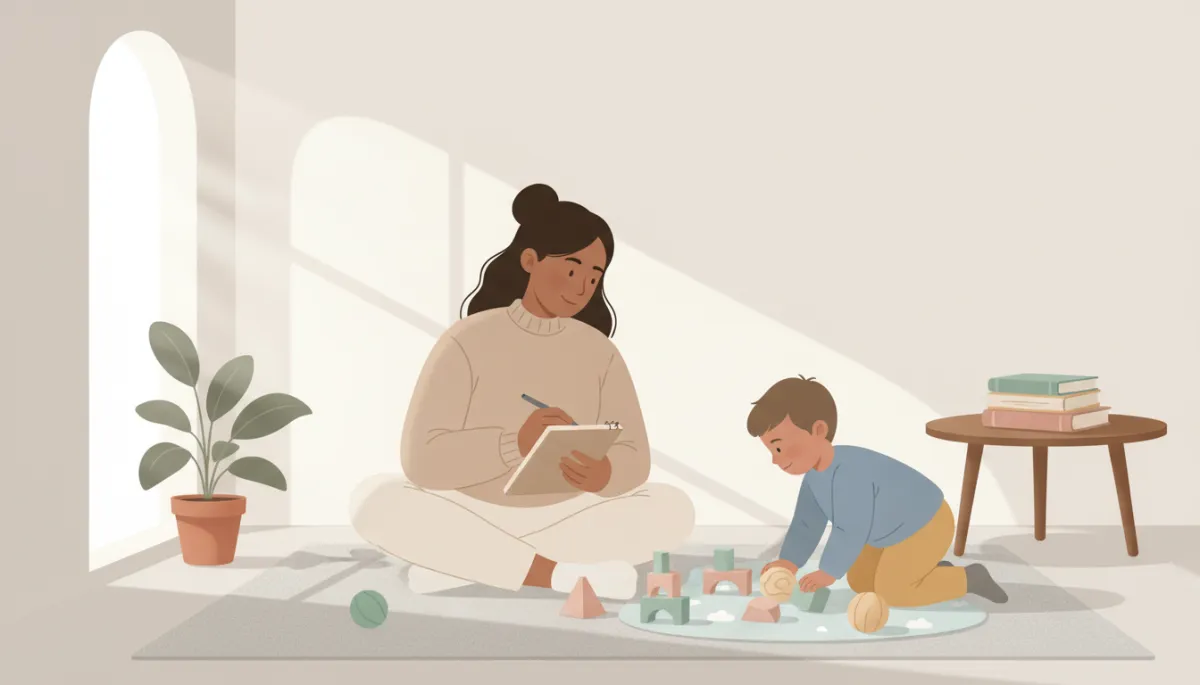Parent quietly observing their child during play to notice sensory patterns Parent quietly observing their child during play to notice sensory patterns