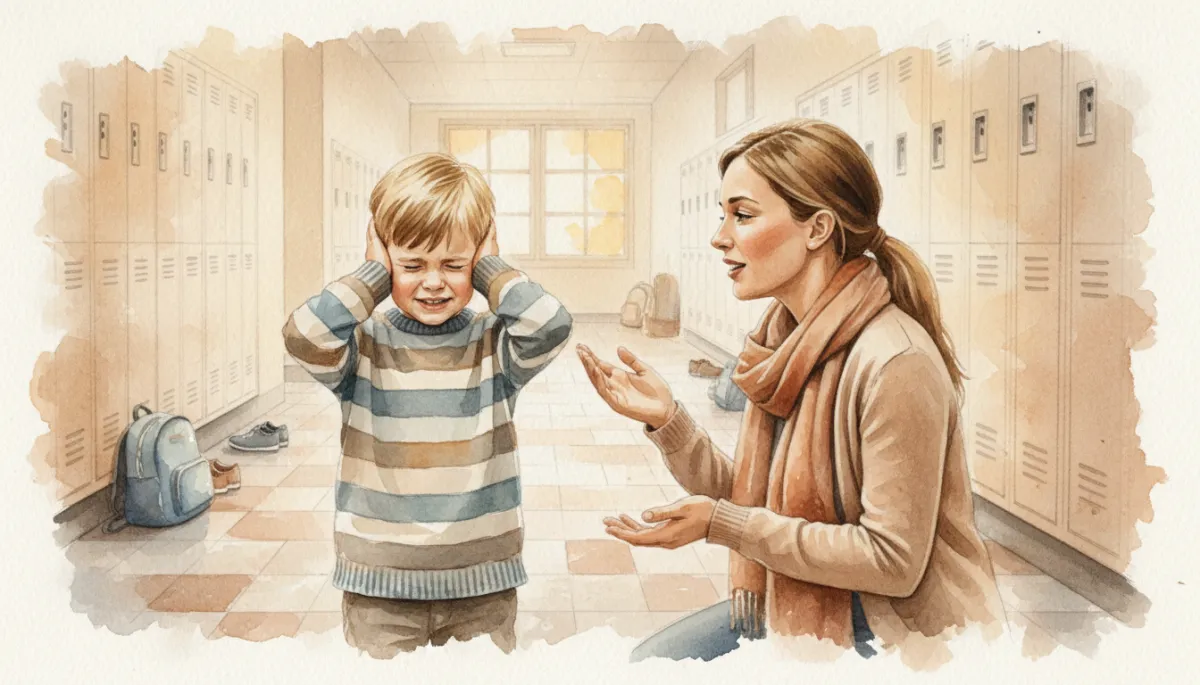 Child covering ears in a noisy school hallway while an adult offers support Child covering ears in a noisy school hallway while an adult offers support