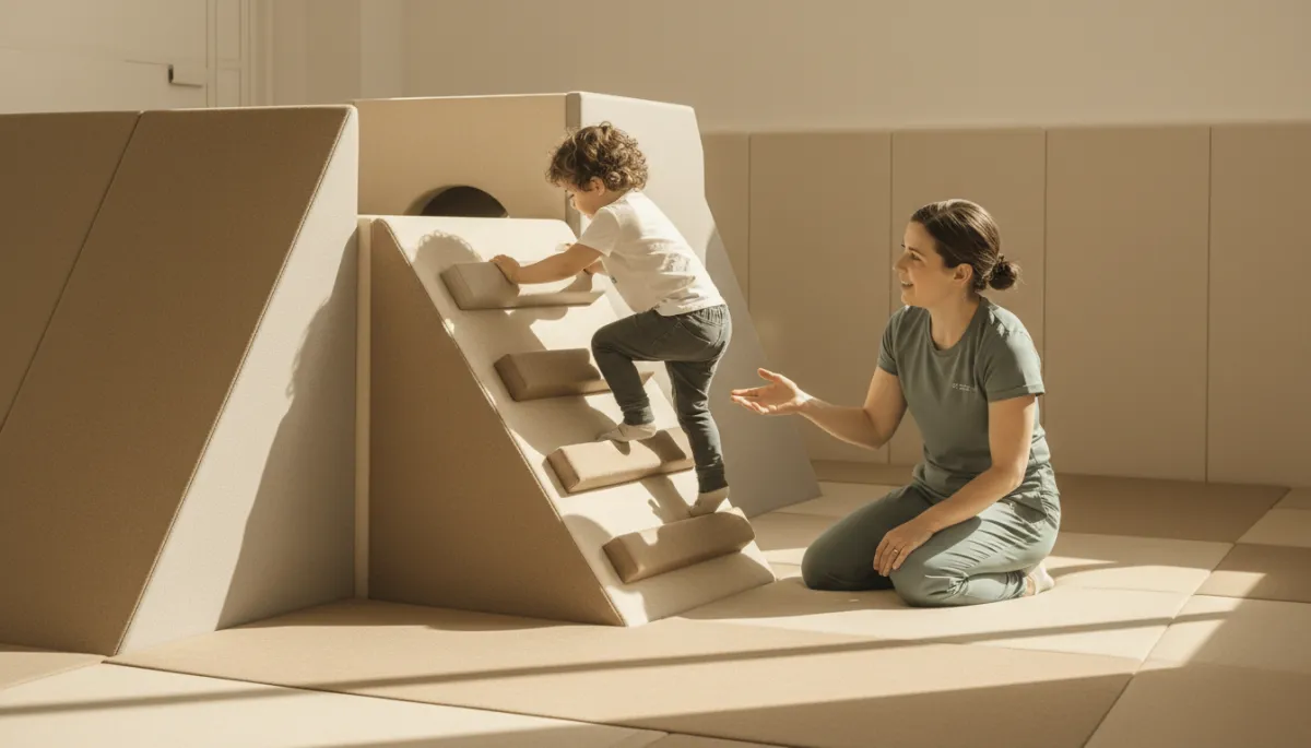 Child engaging in active climbing play with adult supervision in a therapy-like space Child engaging in active climbing play with adult supervision in a therapy-like space