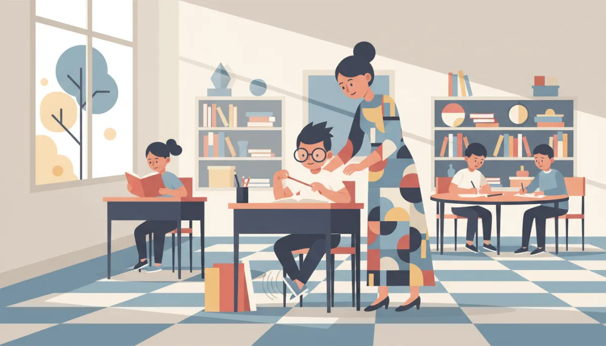 Teacher observing a child who is fidgeting during classroom work Teacher observing a child who is fidgeting during classroom work