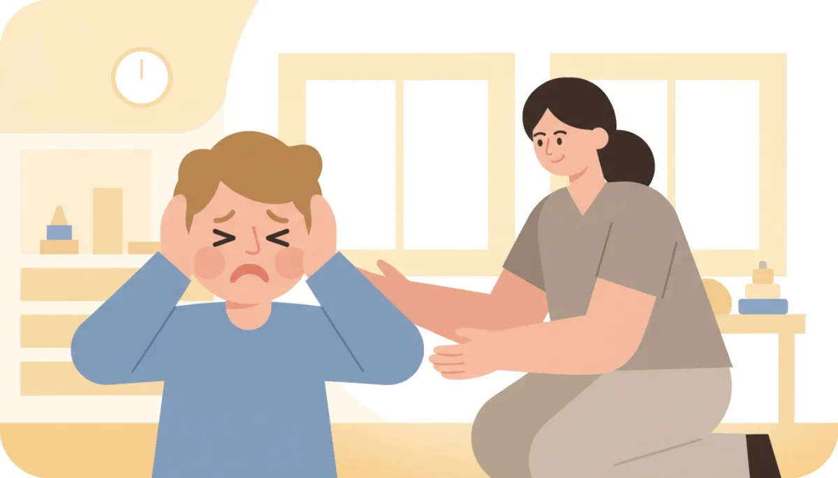Child covering ears in a classroom while an occupational therapist offers support Child covering ears in a classroom while an occupational therapist offers support