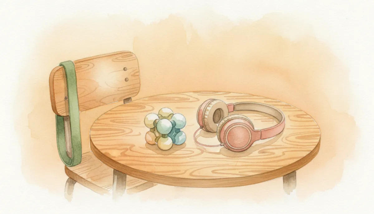 Selection of common sensory tools arranged in a calm classroom setting Selection of common sensory tools arranged in a calm classroom setting