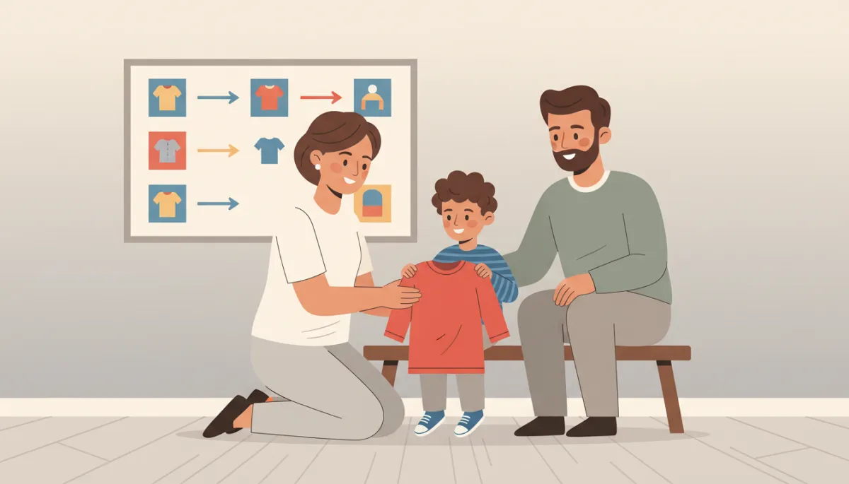 Occupational therapist guiding a parent and child through a dressing routine