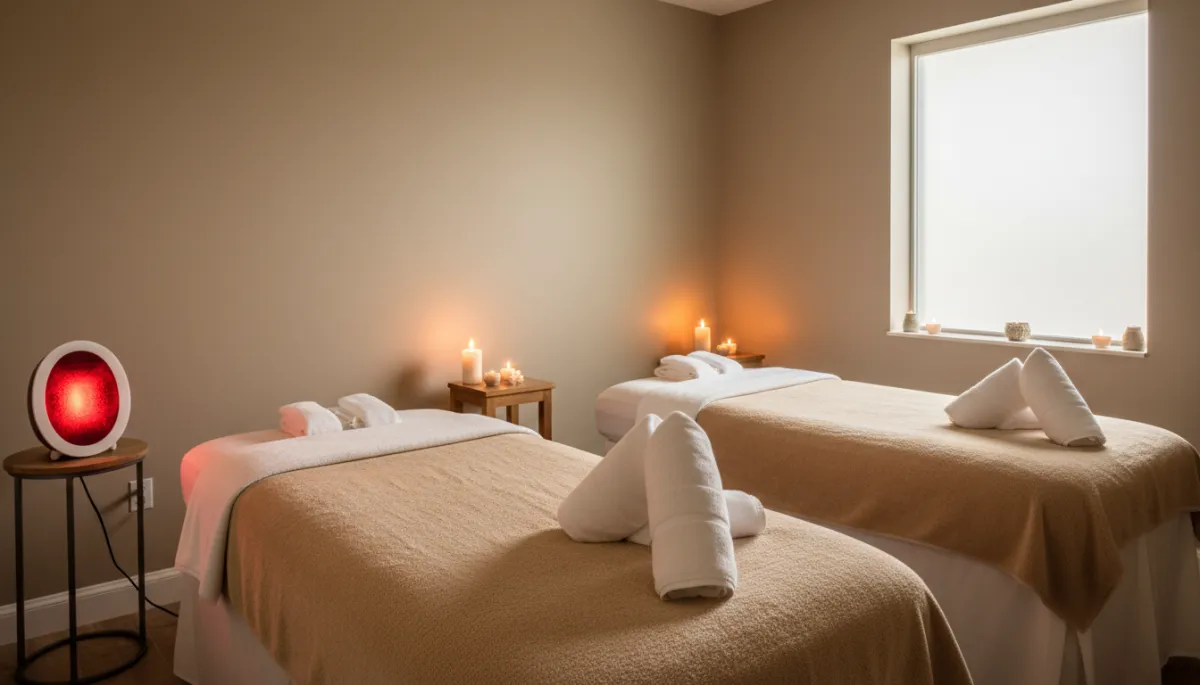 Professional neutral-toned couples massage room set up with two tables and red light therapy device Professional neutral-toned couples massage room set up with two tables and red light therapy device
