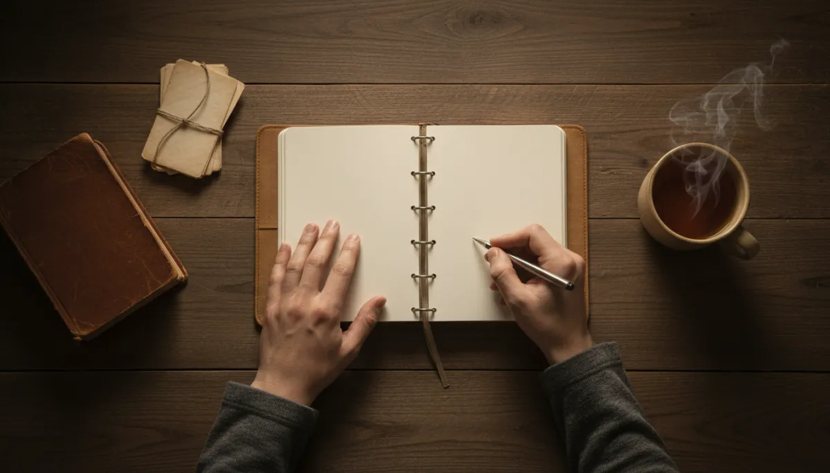 Person writing in a journal next to a Tanakh and letters Person writing in a journal next to a Tanakh and letters