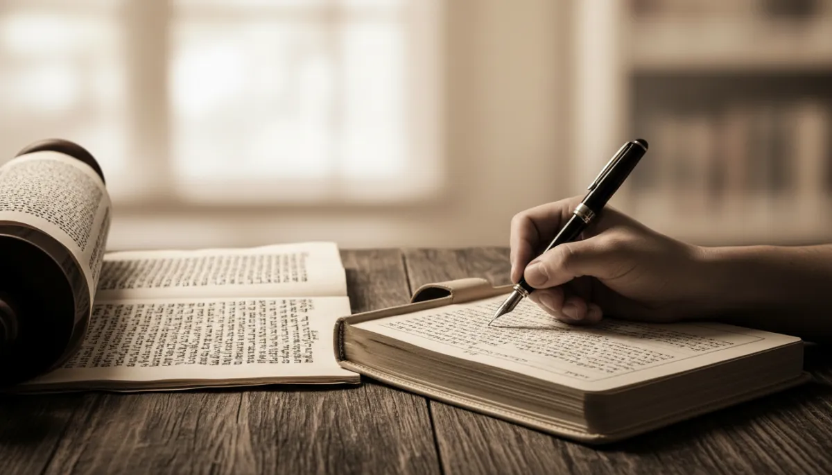 Hand writing reflections in a journal beside an open Torah text