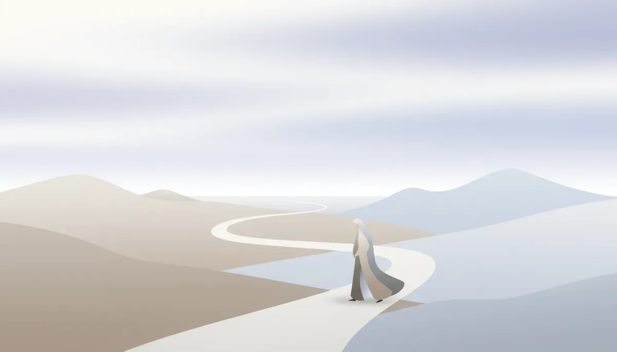 Professional neutral-toned landscape with a lone figure on a winding path Professional neutral-toned landscape with a lone figure on a winding path