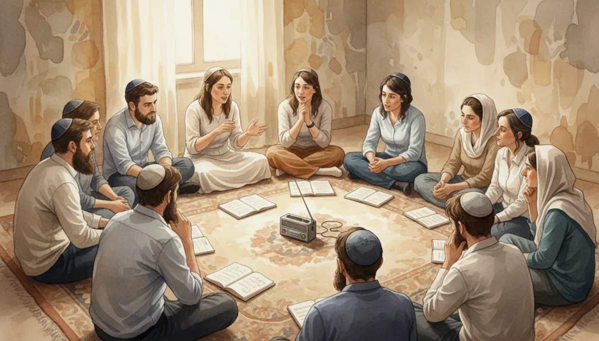 A circle of Jewish community members sharing stories together A circle of Jewish community members sharing stories together