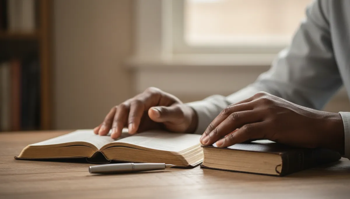 Hands of a Black man resting on an open journal and Bible