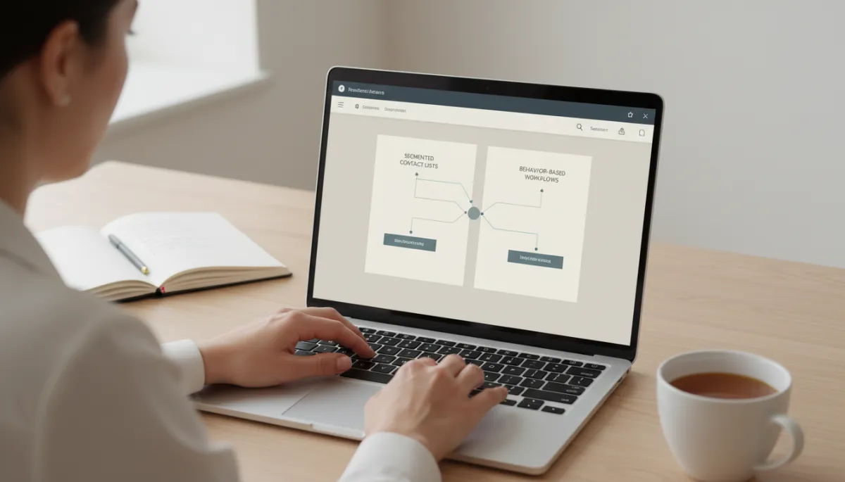 Marketer organizing segmented contact lists and automation workflows on a laptop