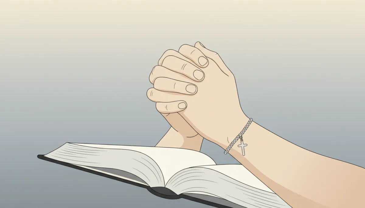 Hands clasped in prayer over an open Bible with soft natural light