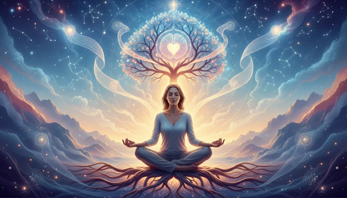 Woman's glowing hands over a journal and subtle chart in soft mystical light