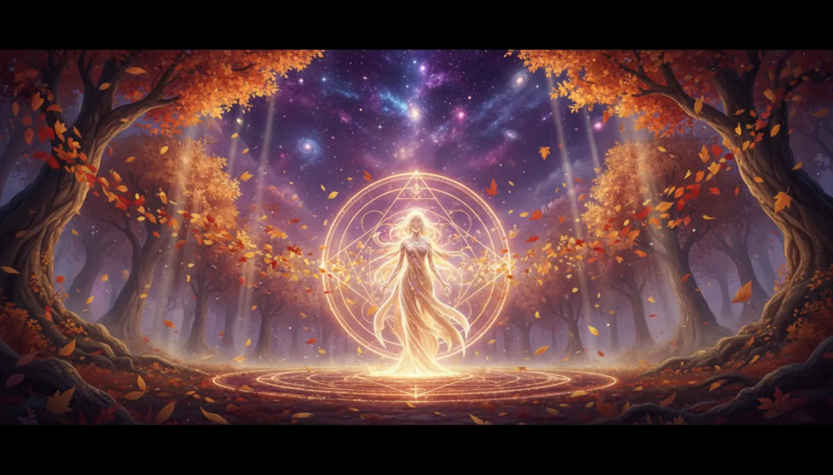 mystical ethereal cinematic scene of an autumn forest at twilight, golden amber leaves swirling in the air, cosmic purple sky with stars and nebulae above, luminous divine feminine figure made of light standing in a circle of glowing sacred geometry patterns on the forest floor, soft beams of light streaming through trees, atmosphere otherworldly and serene