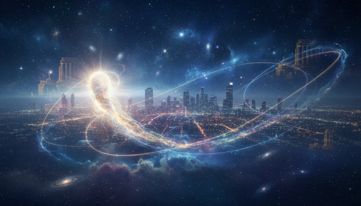 mystical ethereal scene of a luminous soul traveling through deep cosmic blue and violet starfields, overlapping timelines of ancient temples and modern city lights, cinematic and otherworldly, gentle light trails suggesting reincarnation and soul journeys
