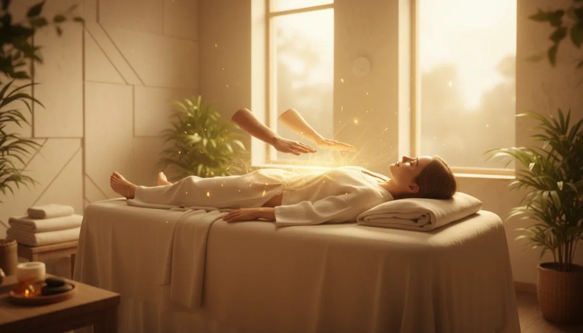 serene, healing, warm light scene of a peaceful treatment room with soft golden lighting, a person lying fully clothed and serenely on a massage table, practitioner’s hands hovering above with gentle glowing golden energy flowing around the body, calm and sacred spa-like atmosphere
