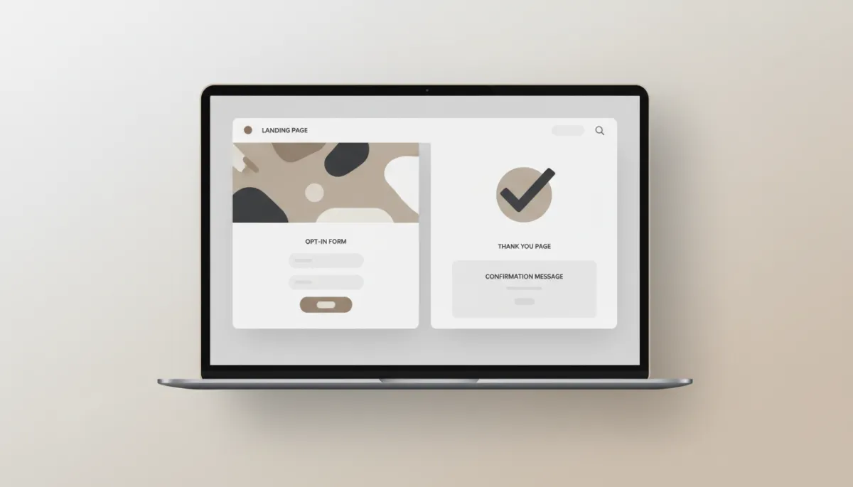 professional neutral-toned mockup of a simple landing page and thank-you page side by side on a laptop screen, clean layout with opt-in form and confirmation message