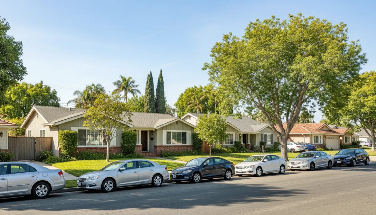 professional street-level view of a quiet Torrance CA residential neighborhood with single-family homes manicured lawns mature trees and parked cars on a sunny neutral-toned afternoon