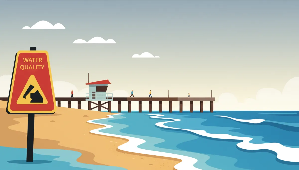 Imperial Beach shoreline with water quality warning sign and lifeguard tower