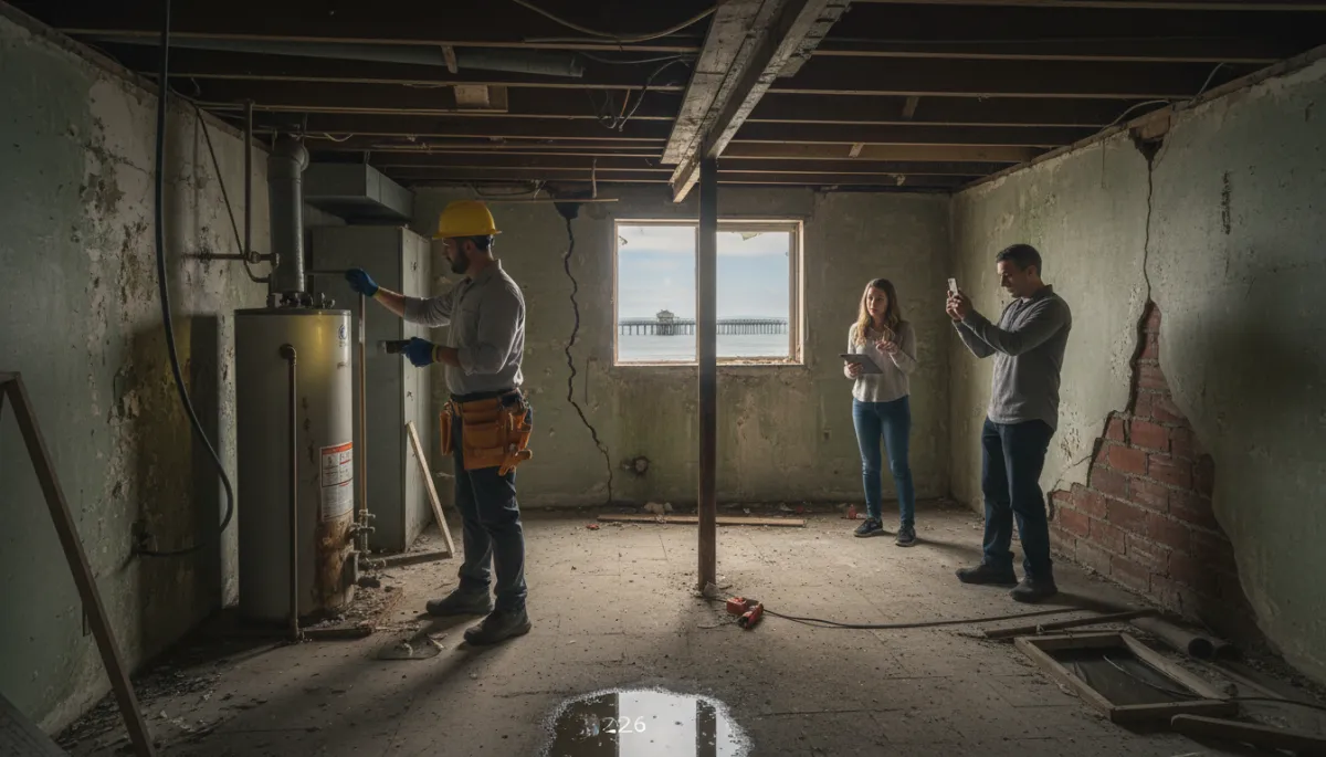 Home inspector examining the underside of a coastal fixer-upper in Imperial Beach