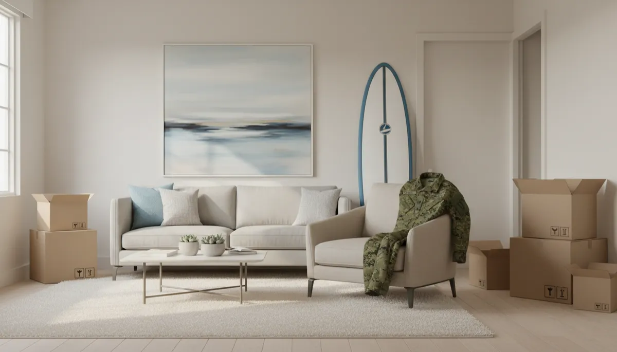 New homeowners settling into a neutral‑toned Imperial Beach living room with moving boxes and personal items