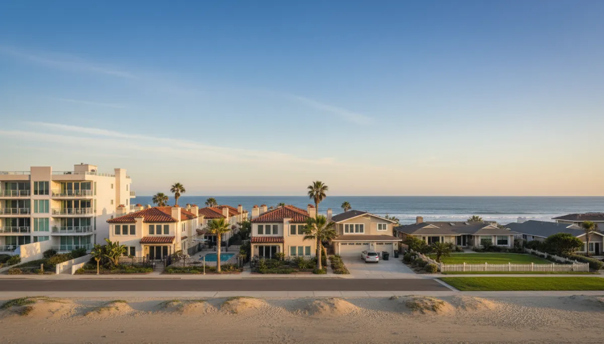 Aerial view of Imperial Beach neighborhood with condos, townhomes, and single-family homes