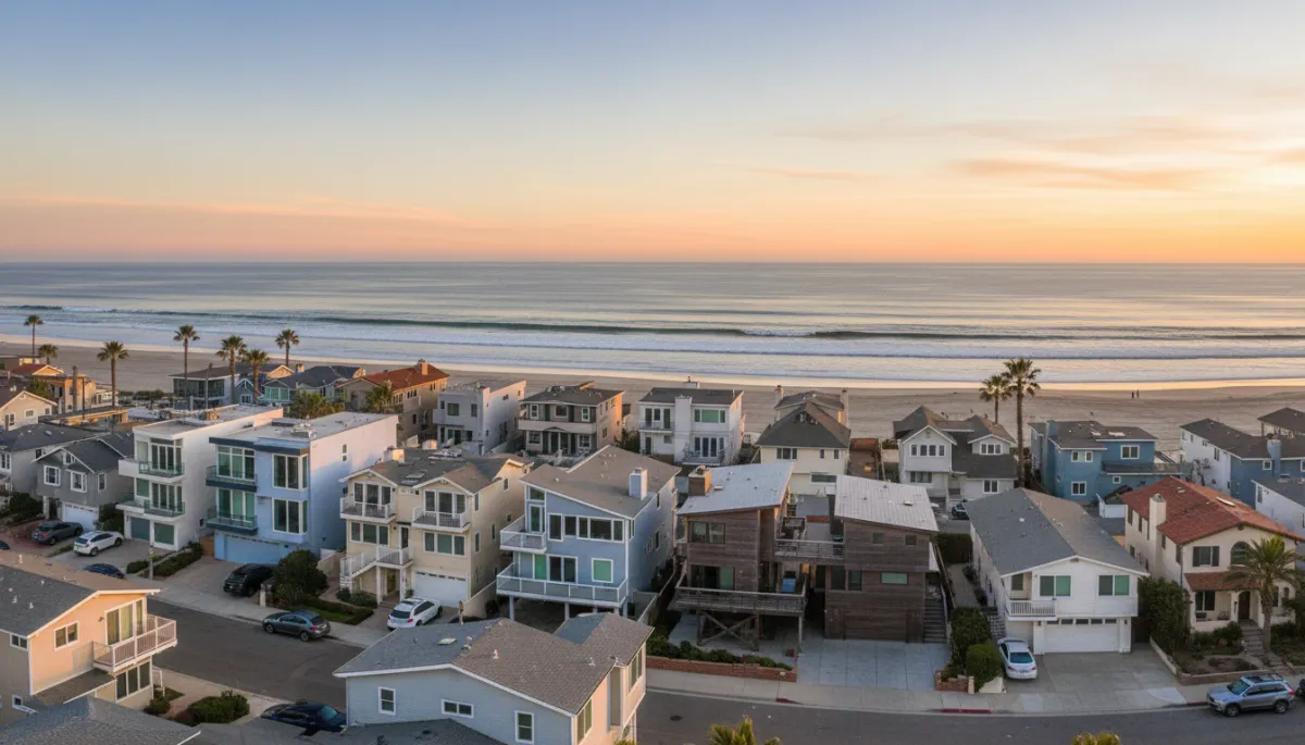 Professional aerial view of mixed housing types in Imperial Beach near the coast