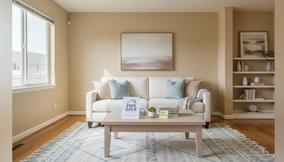 Professional photorealistic interior of a staged Imperial Beach living room with a price reduction note