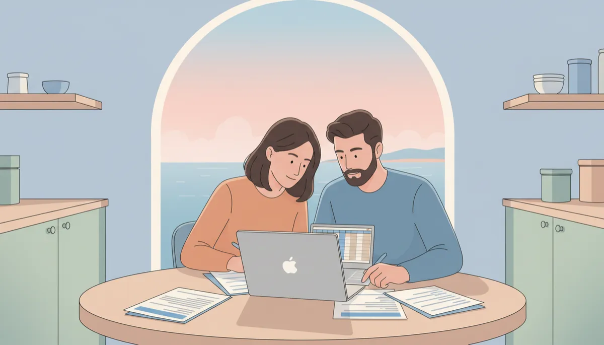 Couple reviewing Imperial Beach homeownership costs and documents at their kitchen table