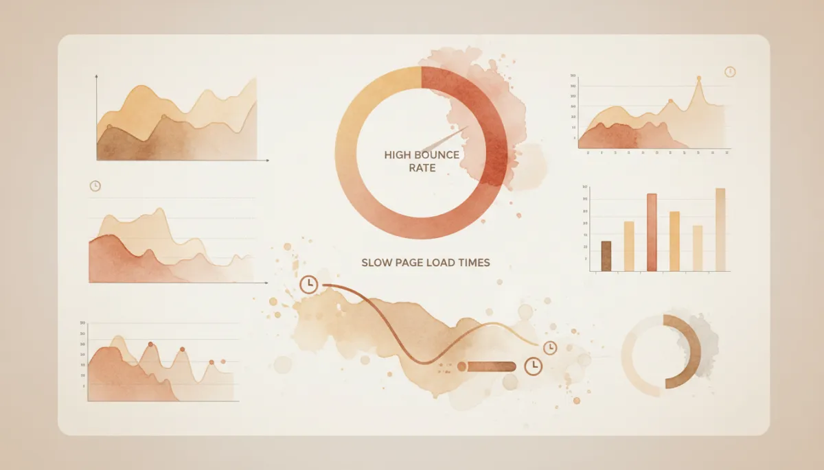 Tableau de bord d’analytics montrant un taux de rebond élevé et un temps de chargement long