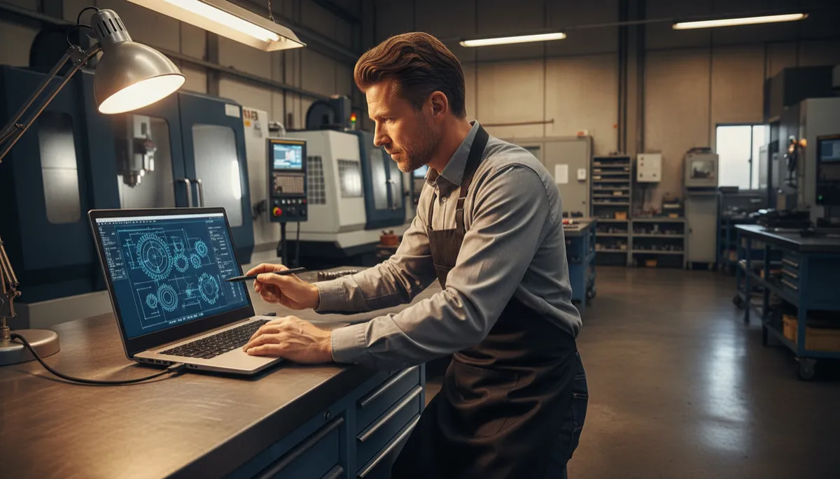 Maschinenbauingenieur prüft technische Zeichnungen am Laptop in einer modernen Werkshalle