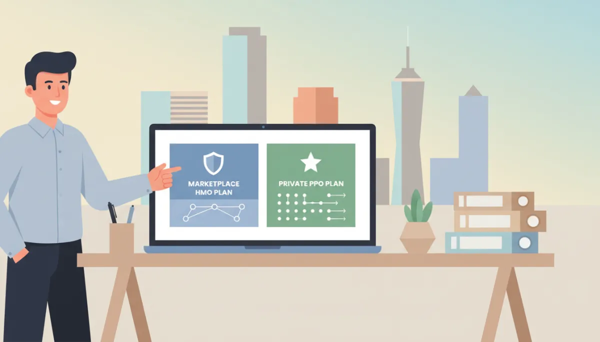 Insurance agent comparing Marketplace and private PPO health plans on a laptop