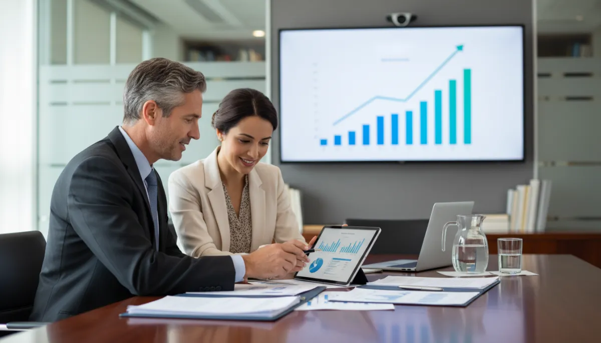 Advisor and small business owner reviewing health insurance projections Advisor and small business owner reviewing health insurance projections