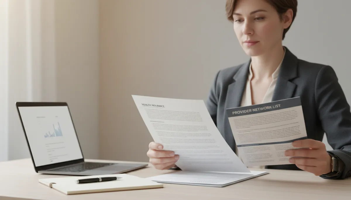 Person reviewing health insurance documents and provider network information at a desk
