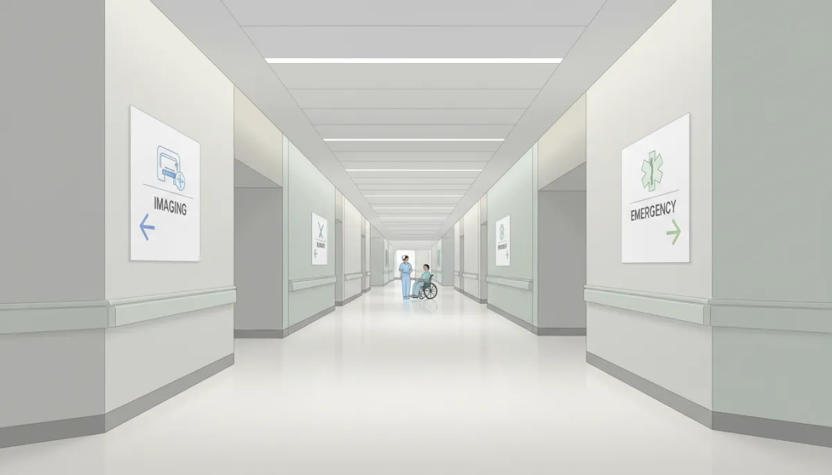 Interior hallway at a modern hospital with signs to imaging, surgery, and emergency departments