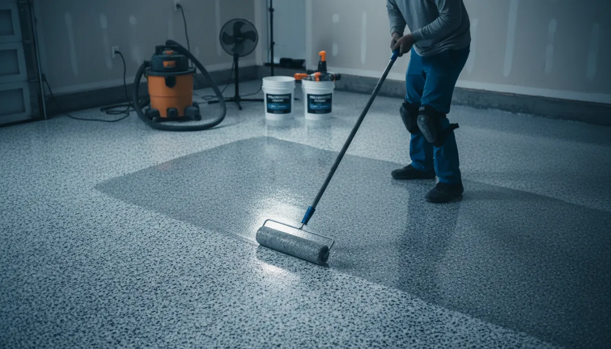 photorealistic installer in knee pads rolling a clear polyaspartic topcoat over a gray flake garage floor in a cool shadows color palette, with professional equipment visible in the background