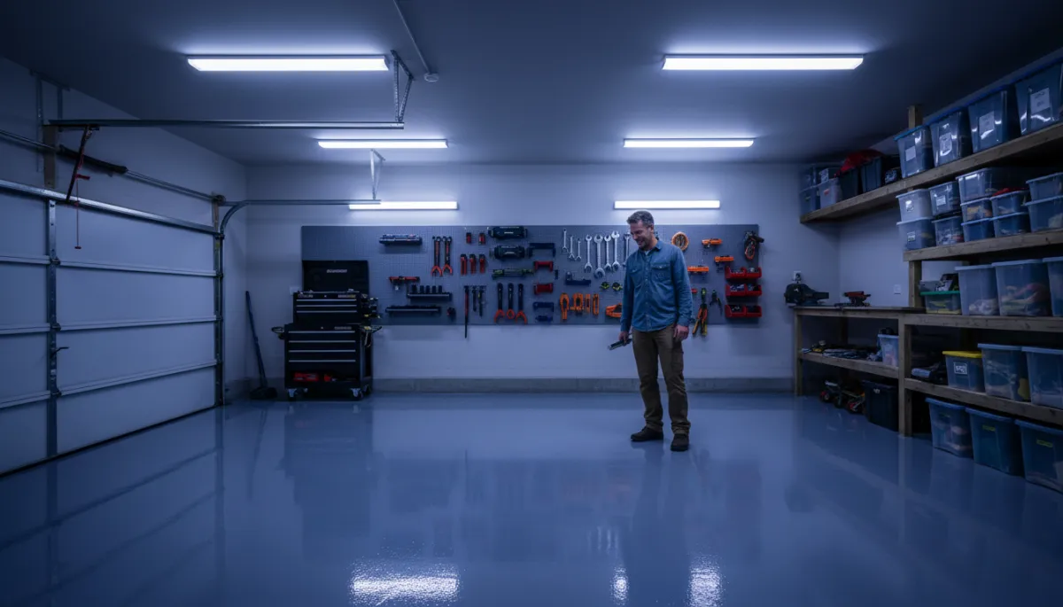 photorealistic scene of a homeowner standing in a freshly coated solid gray epoxy garage in a cool shadows palette, with organized tools on the wall and bright LED lighting reflecting off the floor