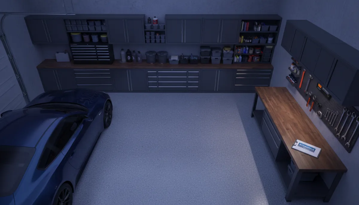 photorealistic overhead view of a finished two-car garage in a cool shadows color palette with a gray flake floor, one car parked, storage cabinets along the walls, and a Durashield Coatings branded clipboard on a workbench