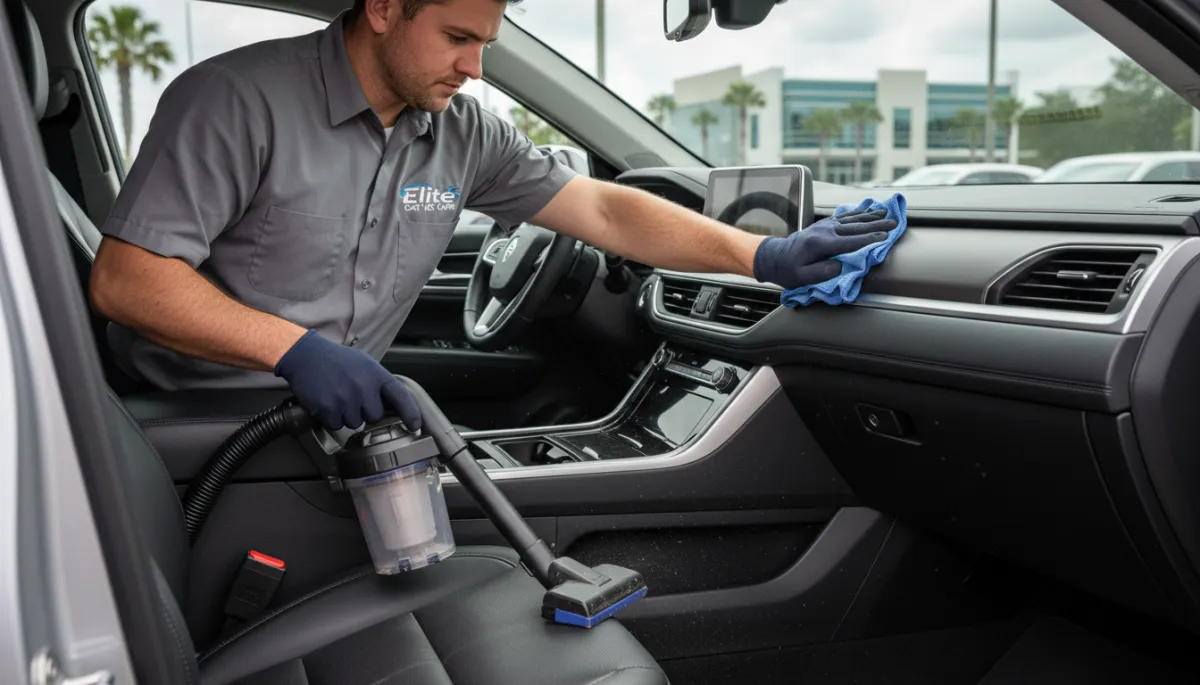 Detailer cleaning the interior of a vehicle at a Clearwater workplace