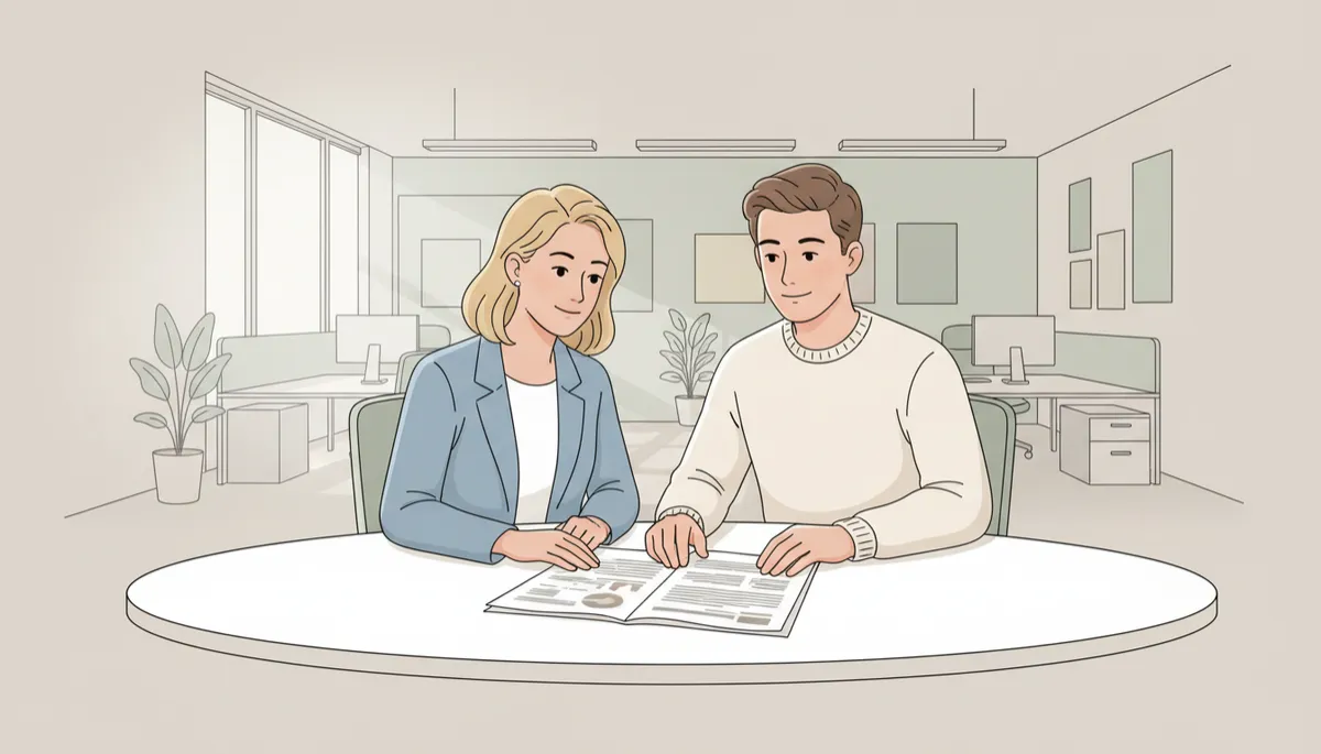 HR manager and occupational health representative reviewing a work and health report together in a neutral office setting HR manager and occupational health representative reviewing a work and health report together in a neutral office setting