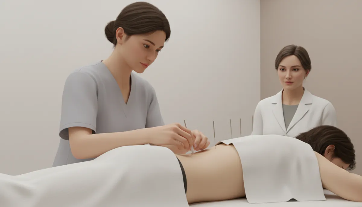 Student acupuncturist carefully placing needles around a patient’s lower back in a supervised clinic Student acupuncturist carefully placing needles around a patient’s lower back in a supervised clinic