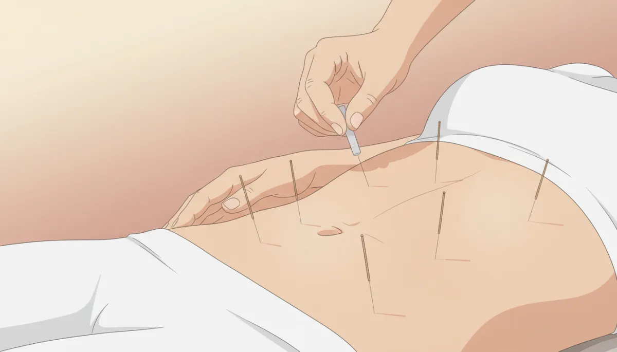 Close-up of acupuncture needles placed on the abdomen for digestive support Close-up of acupuncture needles placed on the abdomen for digestive support