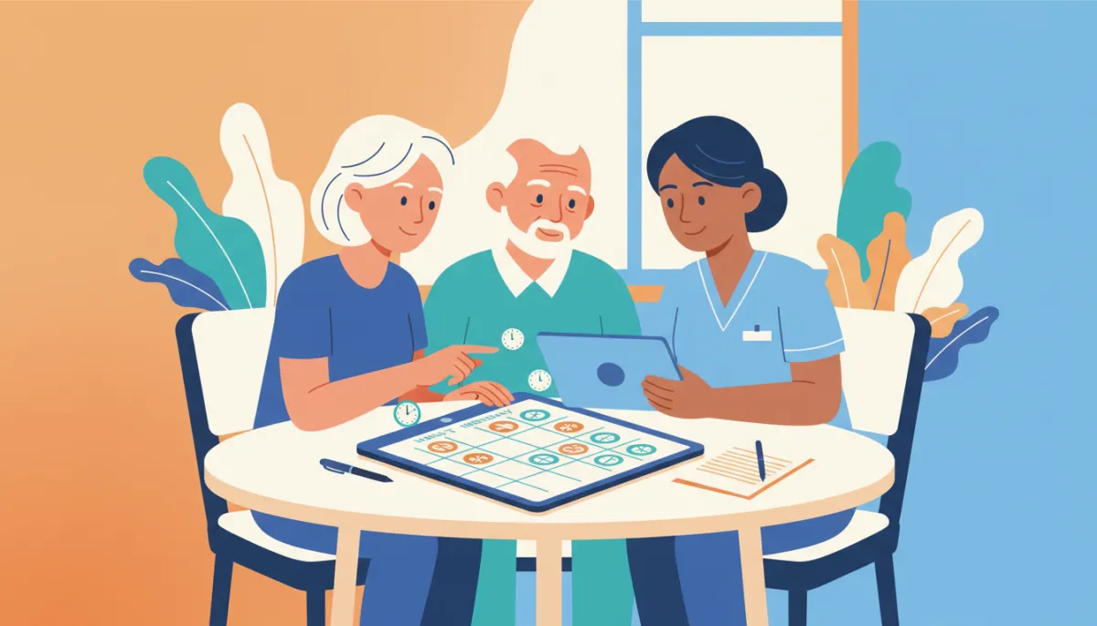 Family and caregiver planning a weekly senior home care schedule