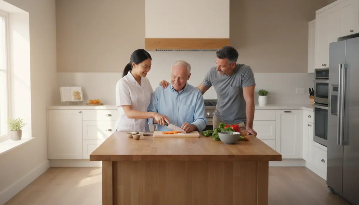 Senior man cooking with help from a home aide while his son looks on