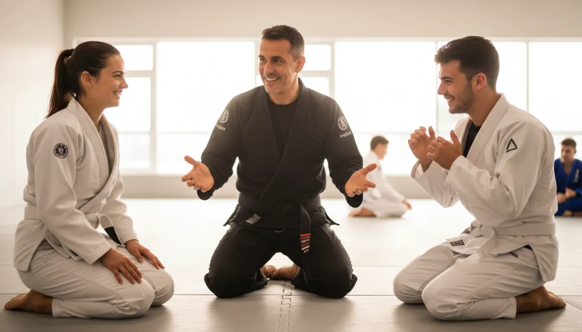 Coach guiding two new Brazilian Jiu-Jitsu students in a calm gym setting