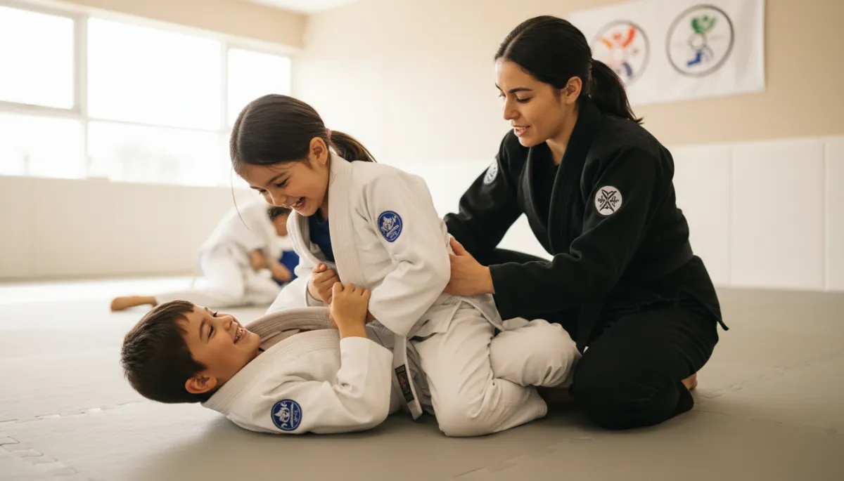 Children practicing a Brazilian Jiu-Jitsu position with a coach supervising