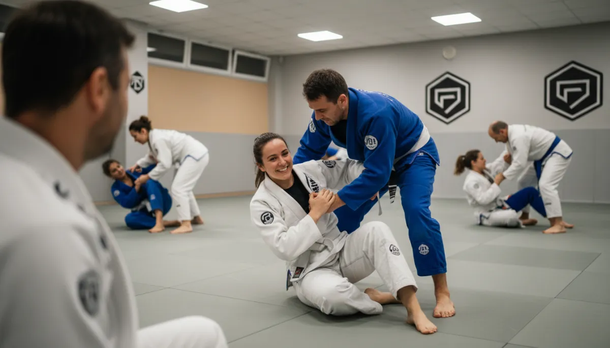 Adult beginners practicing Brazilian Jiu-Jitsu techniques with a coach Adult beginners practicing Brazilian Jiu-Jitsu techniques with a coach