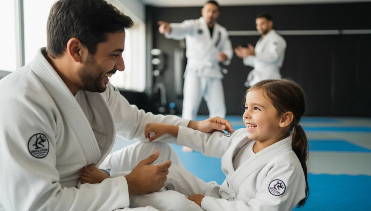 Father and daughter in gis practicing Brazilian Jiu-Jitsu together on the mat